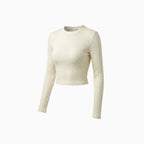Lyssia | Women's Waffle Knit Top Long Sleeve Cropped Fitted Cosy Casual Off Duty Layering Tee-Women's Long Sleeve Tops-Beige-S-