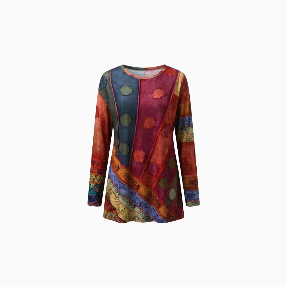 Fiora | Ethnic Print Long Sleeve Top for Women – Relaxed Bohemian Fit-Women's Long Sleeve Tops-Red-S-Camoufit