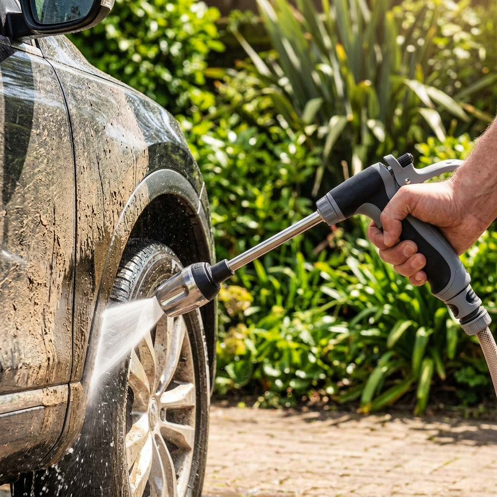 TurboWasher high-pressure hose nozzle spraying water at a car wheel