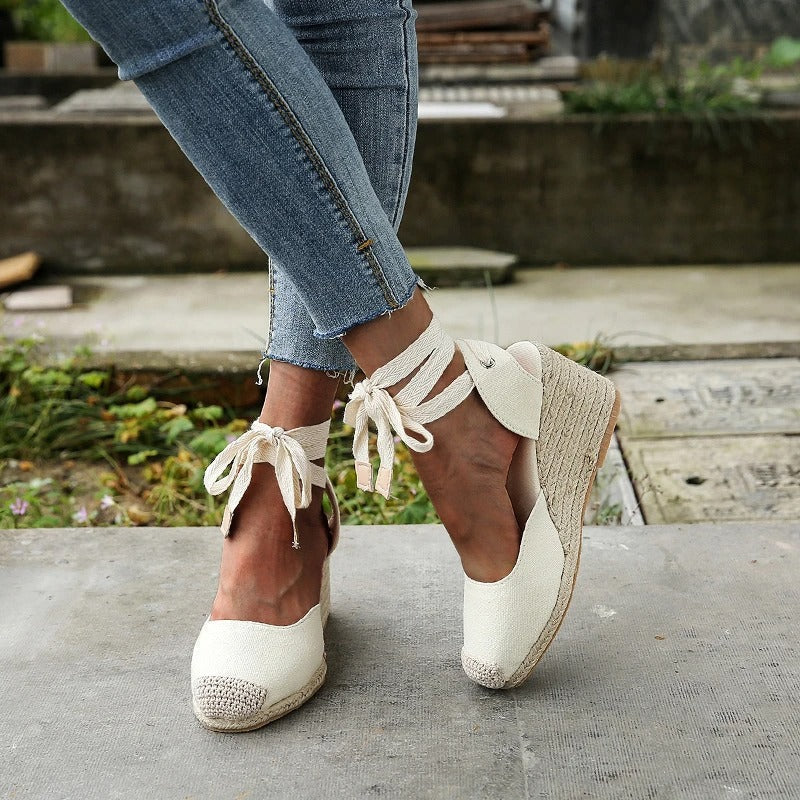 Zafira | Wedge Sandals for Women - Tie Up Lace Espadrille Elegant Adjustable Summer Fit-Women's Heeled Sandals-White-4-Camoufit