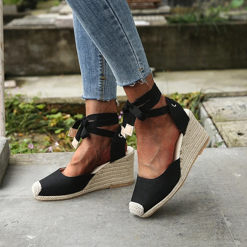 Zafira | Wedge Sandals for Women - Tie Up Lace Espadrille Elegant Adjustable Summer Fit-Women's Heeled Sandals-Black-4-Camoufit