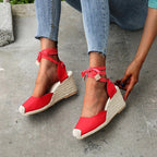 Zafira | Wedge Sandals for Women - Tie Up Lace Espadrille Elegant Adjustable Summer Fit-Women's Heeled Sandals-Red-4-Camoufit