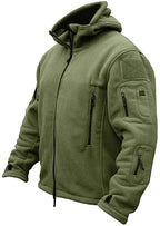 Men's fleece hooded jacket, full-zip, side view with chest pocket, olive color
