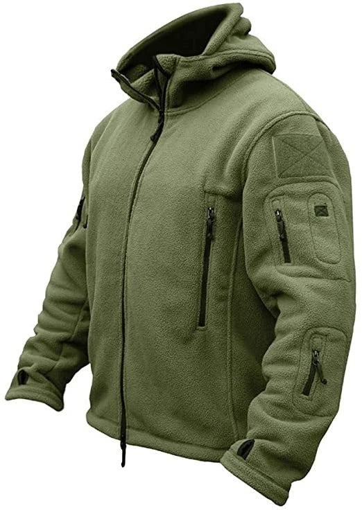 Men's fleece hooded jacket, full-zip, side view with chest pocket, olive color