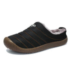 Men's warm lined slip-on slippers, black upper with orange stitch lines and fuzzy lining