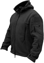 Men's fleece hooded jacket, full-zip, side view with chest pocket, dark gray