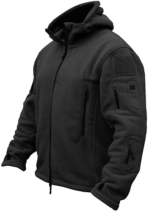 Men's fleece hooded jacket, full-zip, side view with chest pocket, dark gray