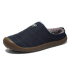 Men's warm lined slip-on slippers, dark blue upper with fuzzy lining and rubber sole