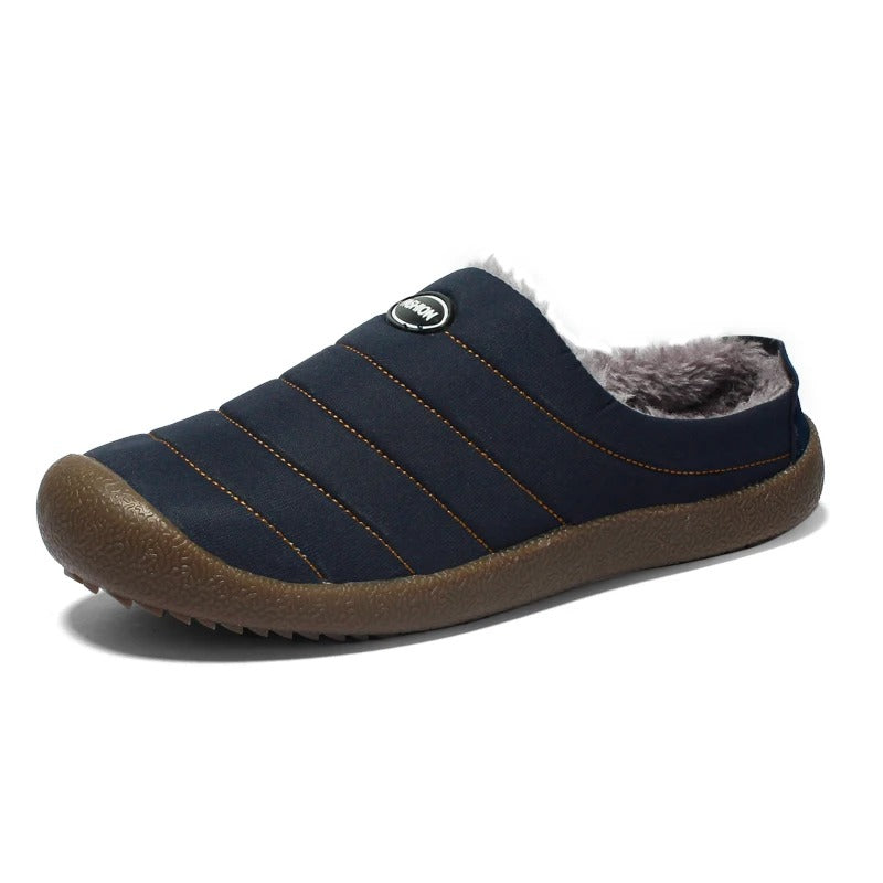 Men's warm lined slip-on slippers, dark blue upper with fuzzy lining and rubber sole