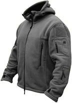 Men's fleece hooded jacket, full-zip, side view with chest pocket, gray