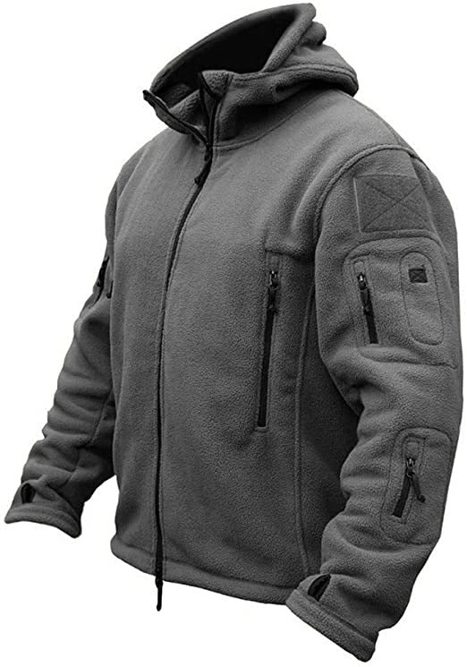 Men's fleece hooded jacket, full-zip, side view with chest pocket, gray