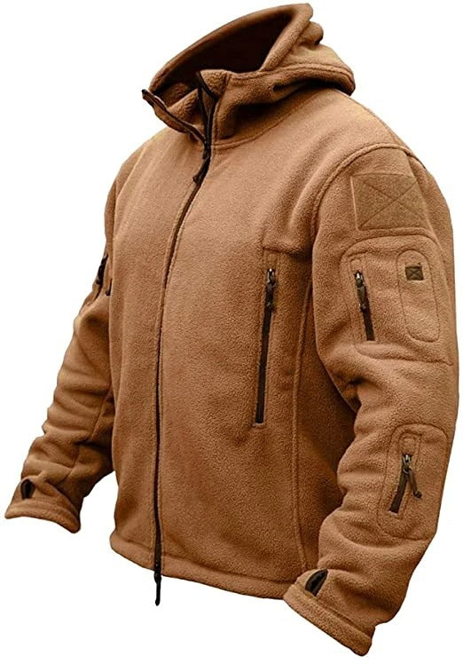 Men's fleece hooded jacket, full-zip, side view with chest pocket, tan