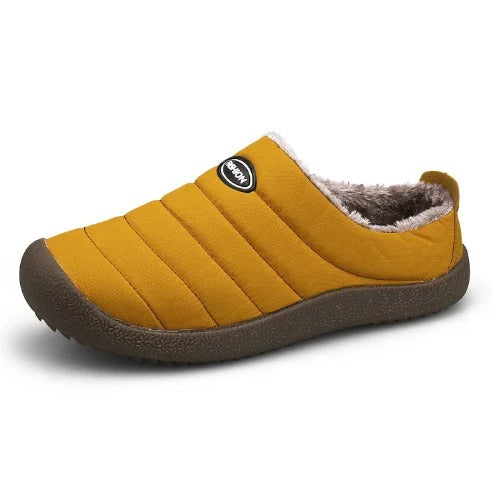 Men's warm lined slip-on slippers, mustard yellow with fuzzy lining and rubber sole