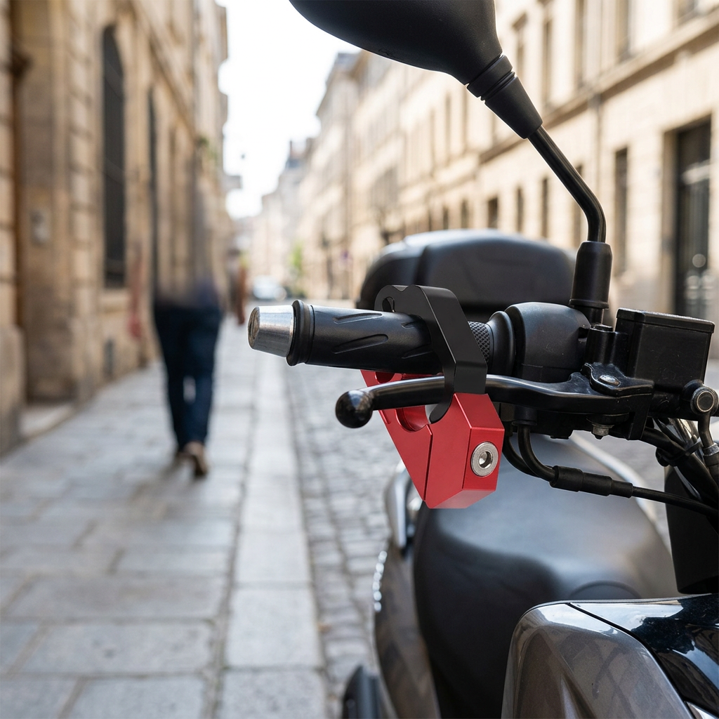 Scooter handlebar steering lock with black clamp and red locking body on scooter handlebar