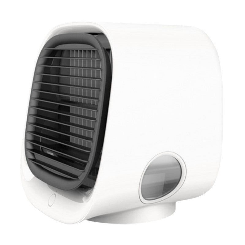 Portable air cooler humidifier, white compact unit with curved front vent grille