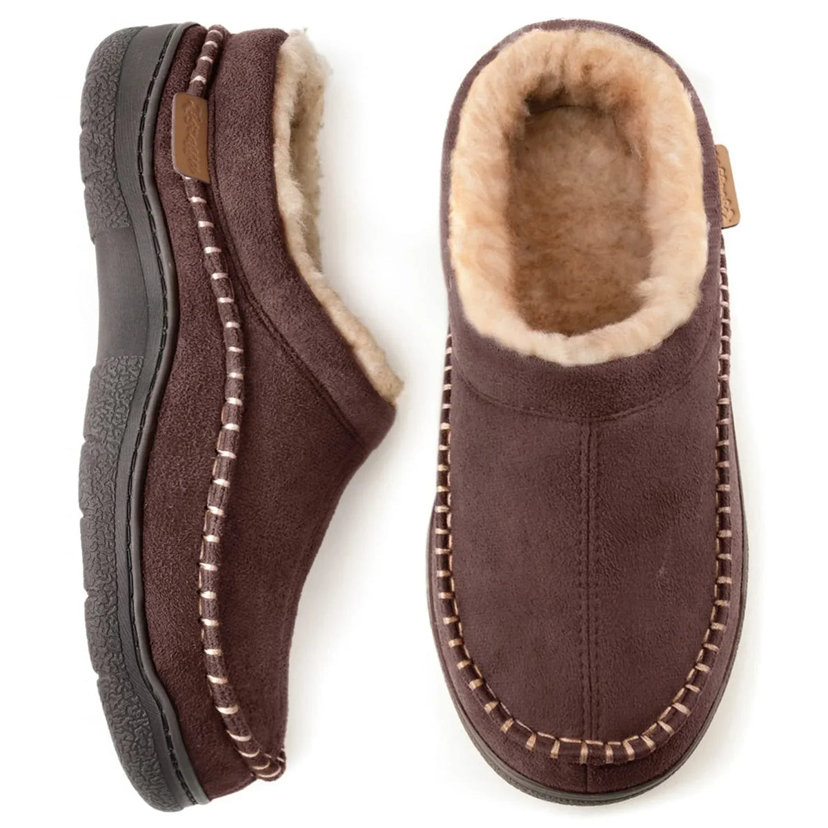Men's warm lined slippers, dark brown suede, closed back, ankle-high, non-slip sole