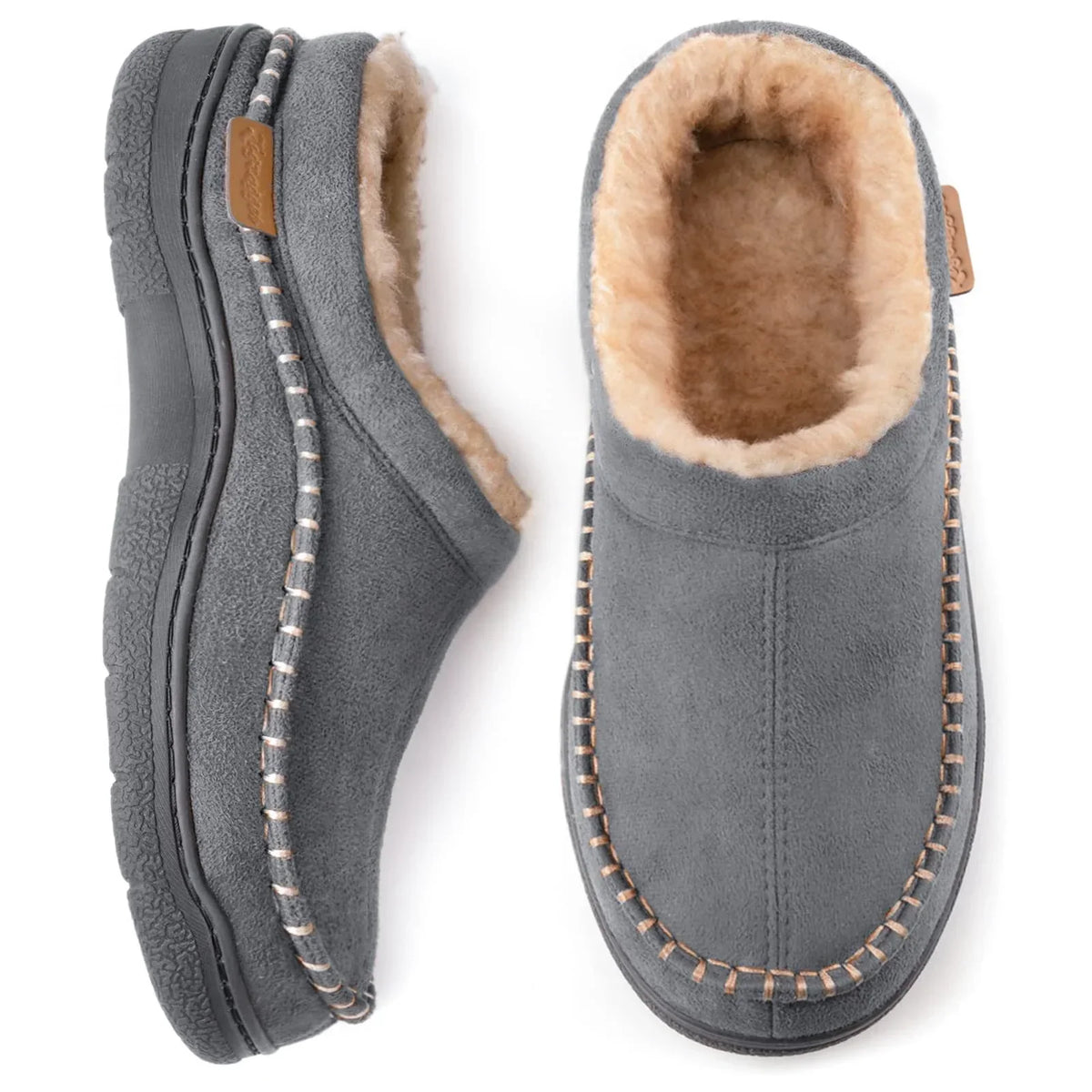 Men's warm lined slippers, gray suede, closed back, ankle-high, non-slip sole
