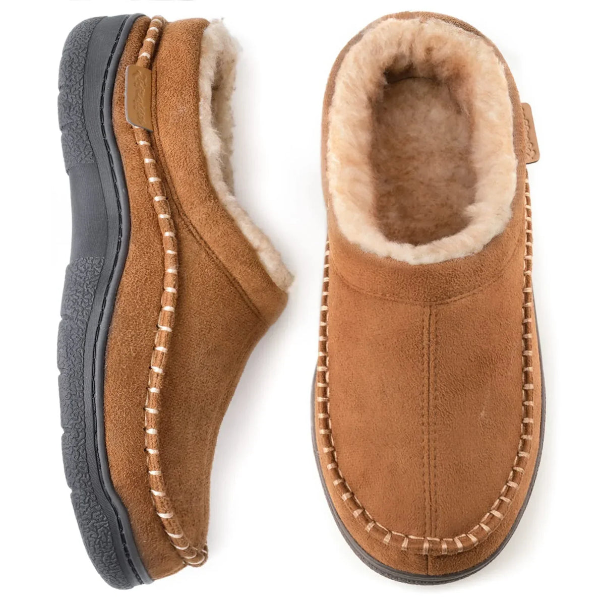 Men's warm lined slippers, tan suede, closed back, ankle-high, non-slip sole
