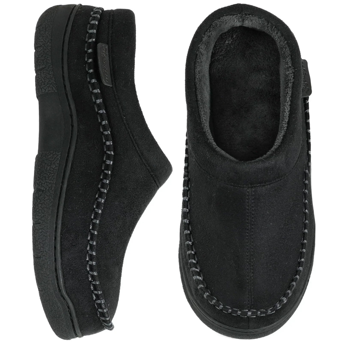Men's warm lined black slippers, open-top view, closed back, ankle-high, non-slip sole