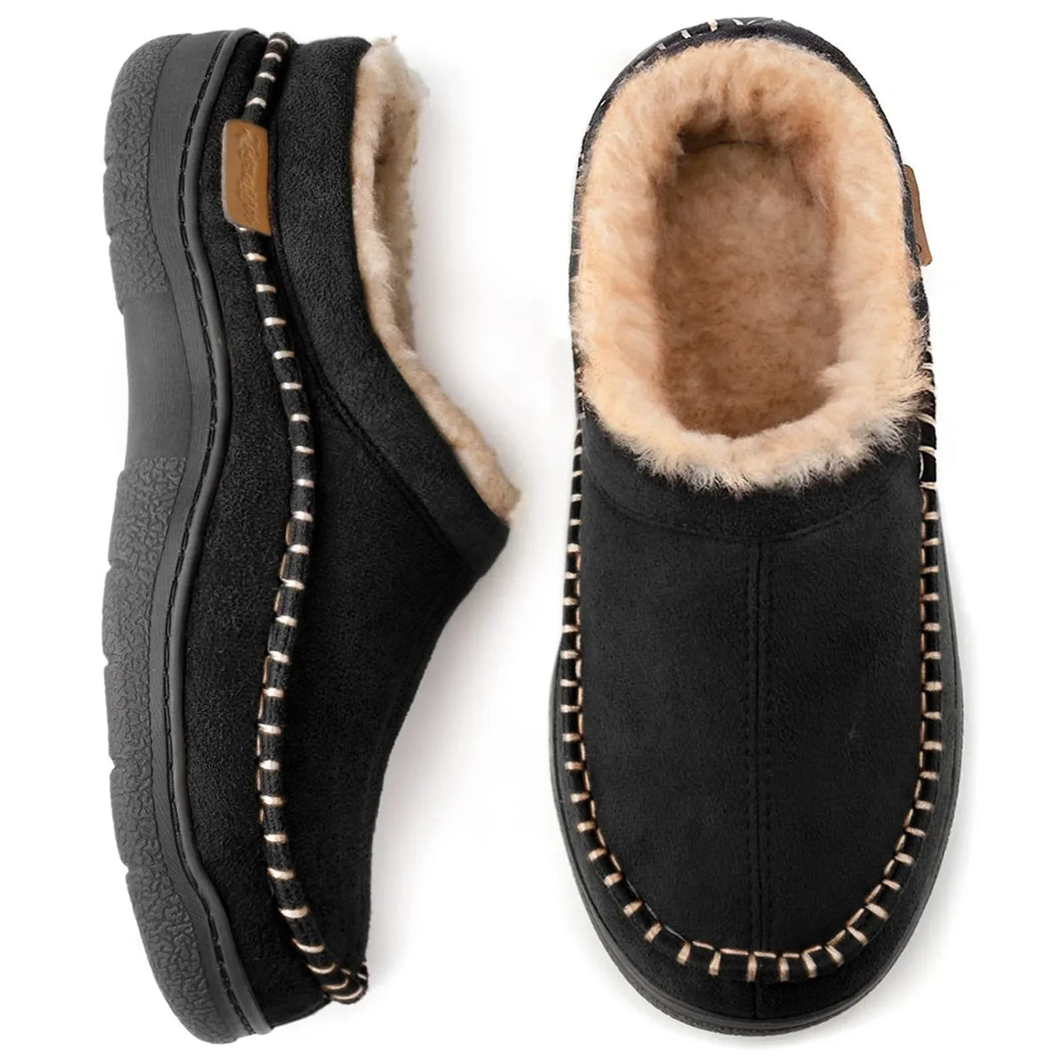Men's warm lined slippers, black suede, closed back, ankle-high, non-slip sole