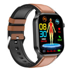 Brown and black smartwatch with touchscreen showing body graphic on silicone band