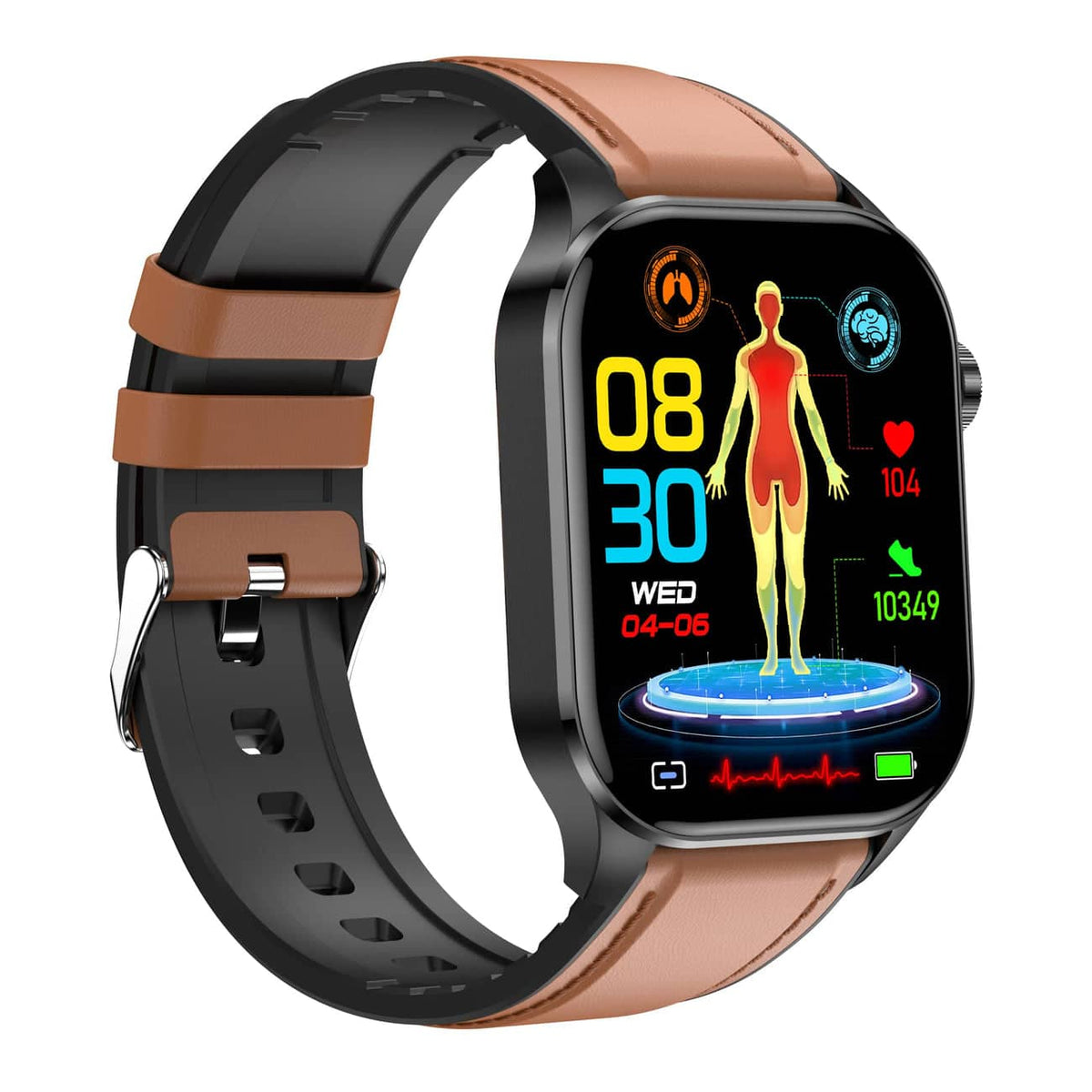 Brown and black smartwatch with touchscreen showing body graphic on silicone band