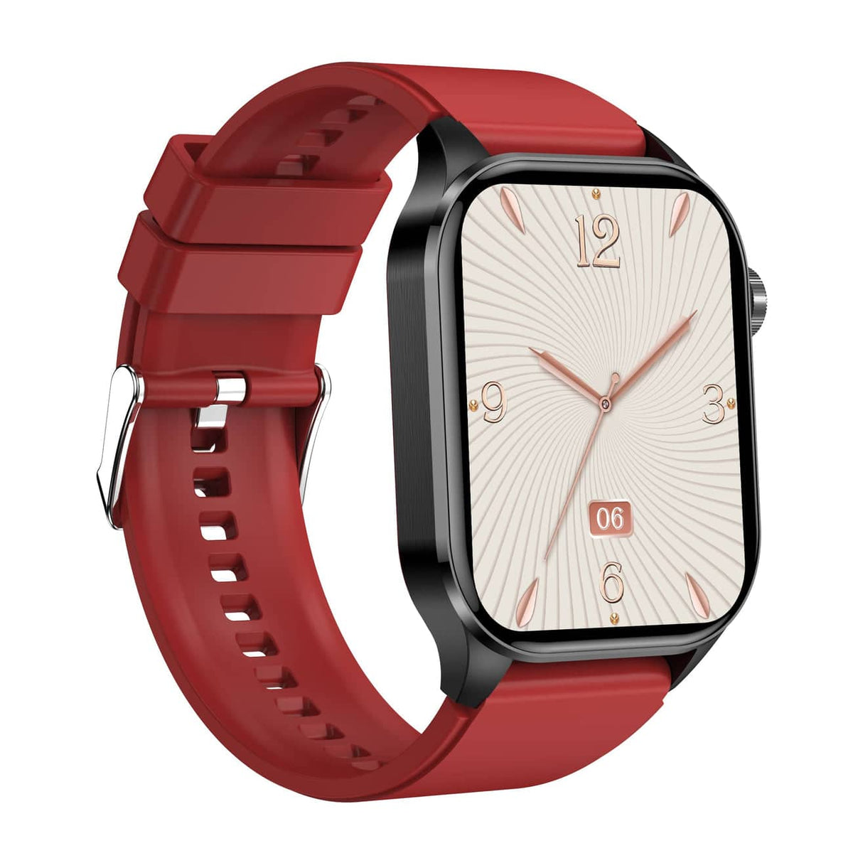 Red smartwatch with touchscreen showing an analog clock face and a date indicator.