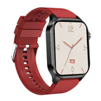 Red fitness smartwatch with touchscreen analog clock face and date badge