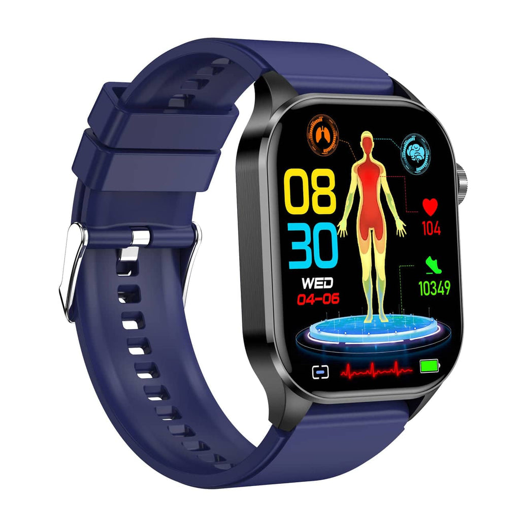 Blue smartwatch with touchscreen visible from the side, showing health tracking icons.