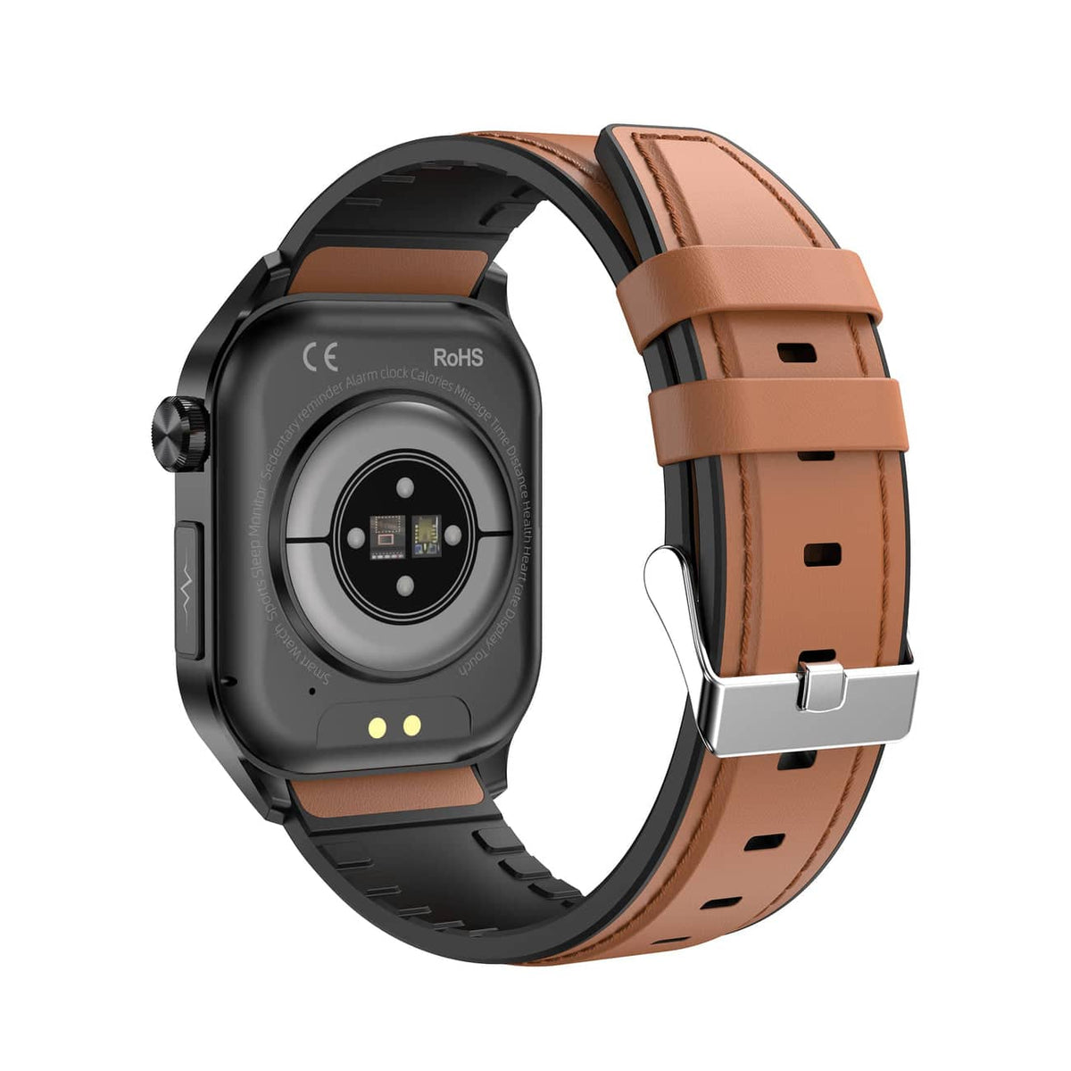 Brown fitness smartwatch back view with sensor plate and charging contact
