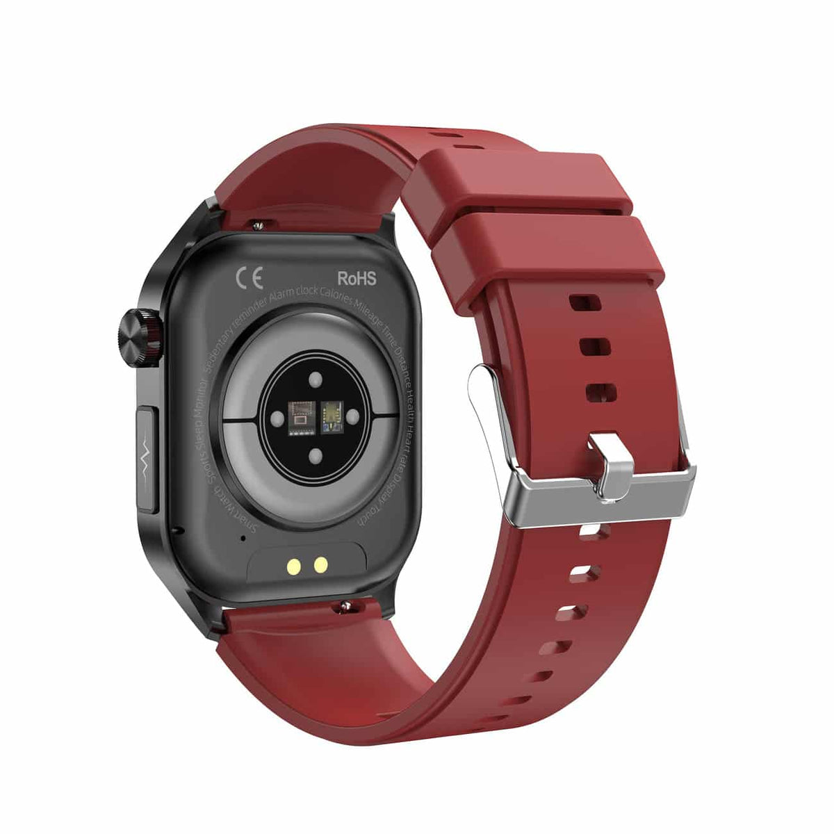 Red and black smartwatch with touchscreen face and silicone fitness band