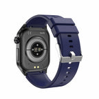 Blue smartwatch back view with watch case and strap buckle, plus sensor area.