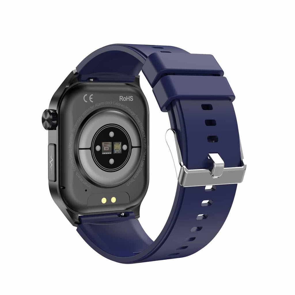 Blue fitness smartwatch back view with sensor plate and charging contact