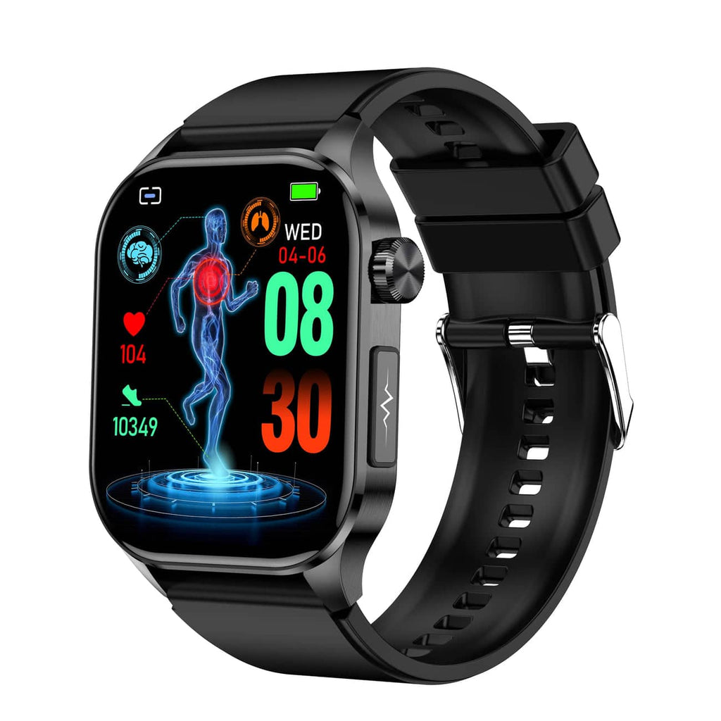 Black smartwatch with touchscreen and black silicone band, fitness stats on screen