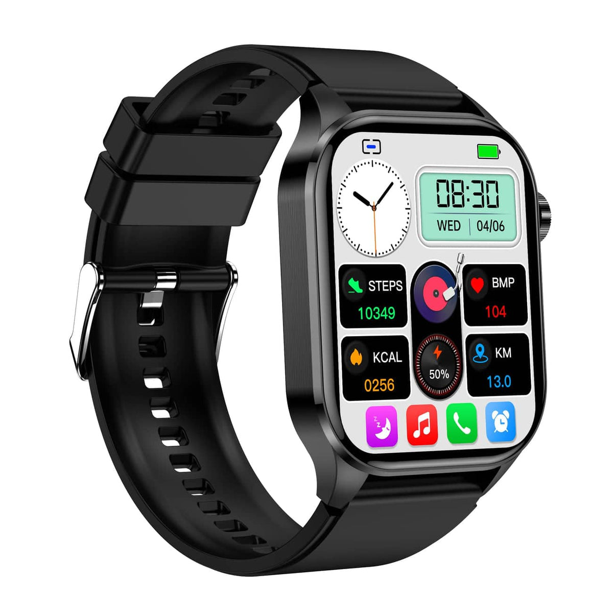 Black fitness smartwatch touchscreen with steps, BPM, and exercise stats