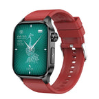 Red smartwatch with black bezel and green touchscreen display on silicone band