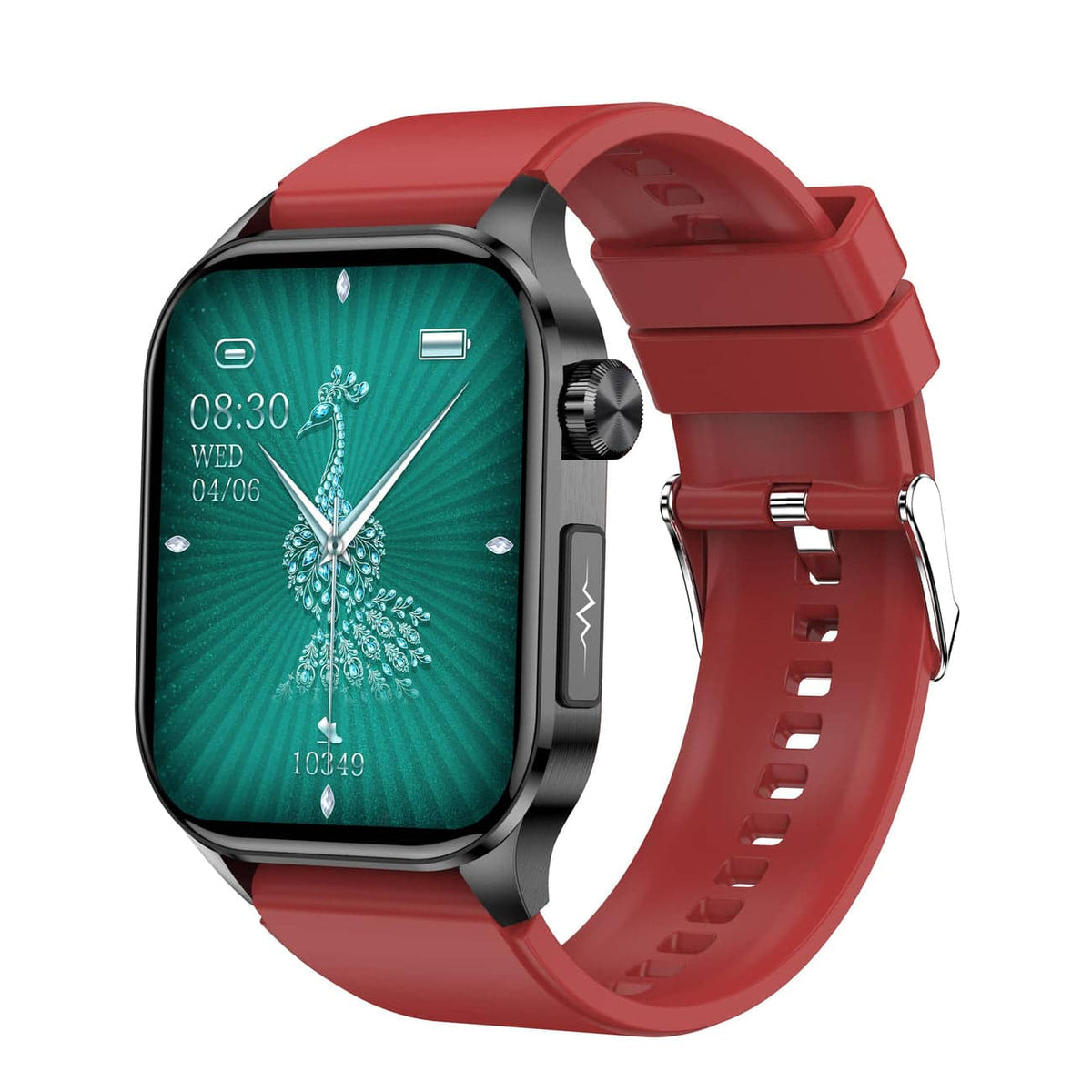 Red smartwatch with black bezel and green touchscreen display on silicone band