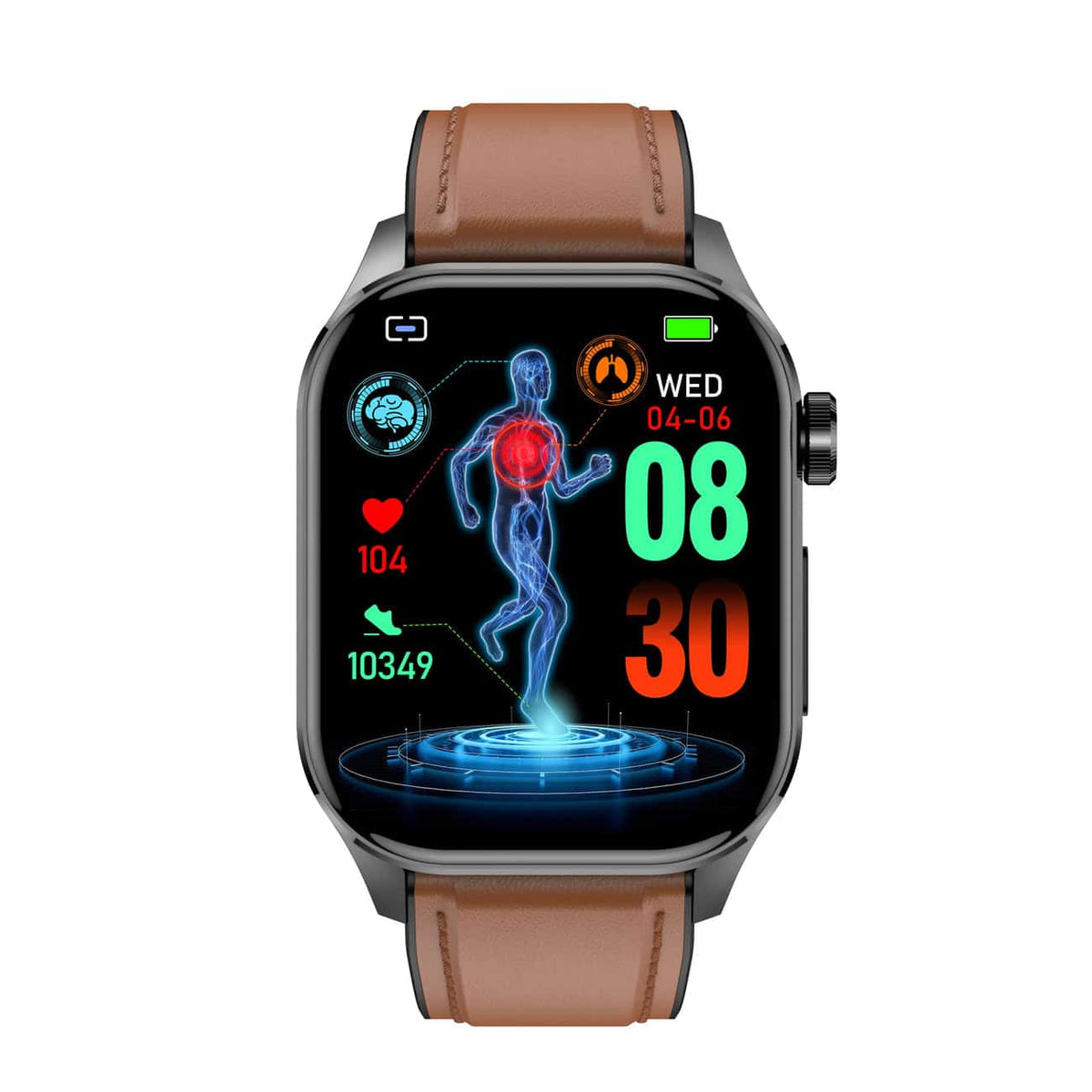 Brown fitness smartwatch with touchscreen showing activity body graphics and date