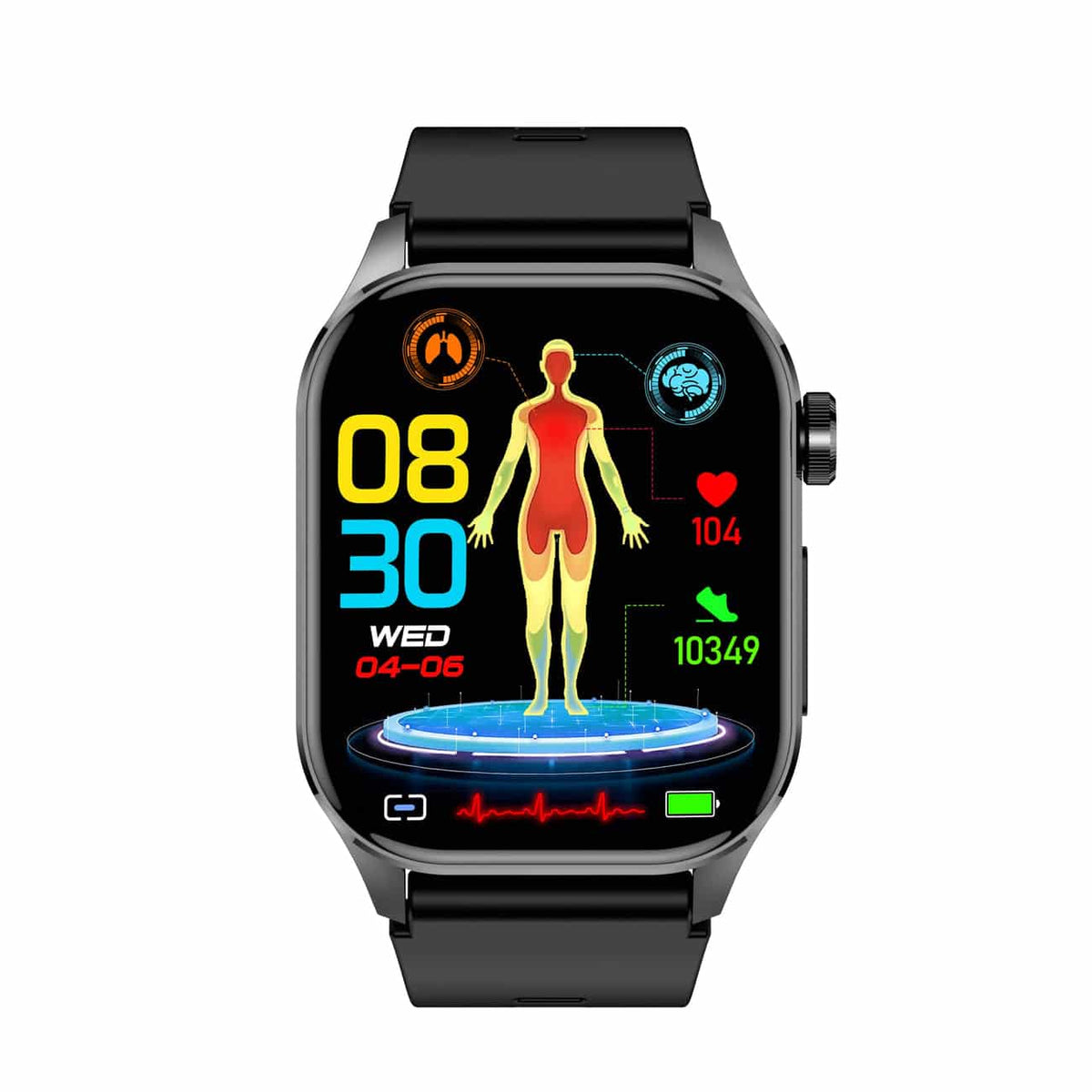 Black smartwatch front with touchscreen displaying body metrics and heart-rate icon.