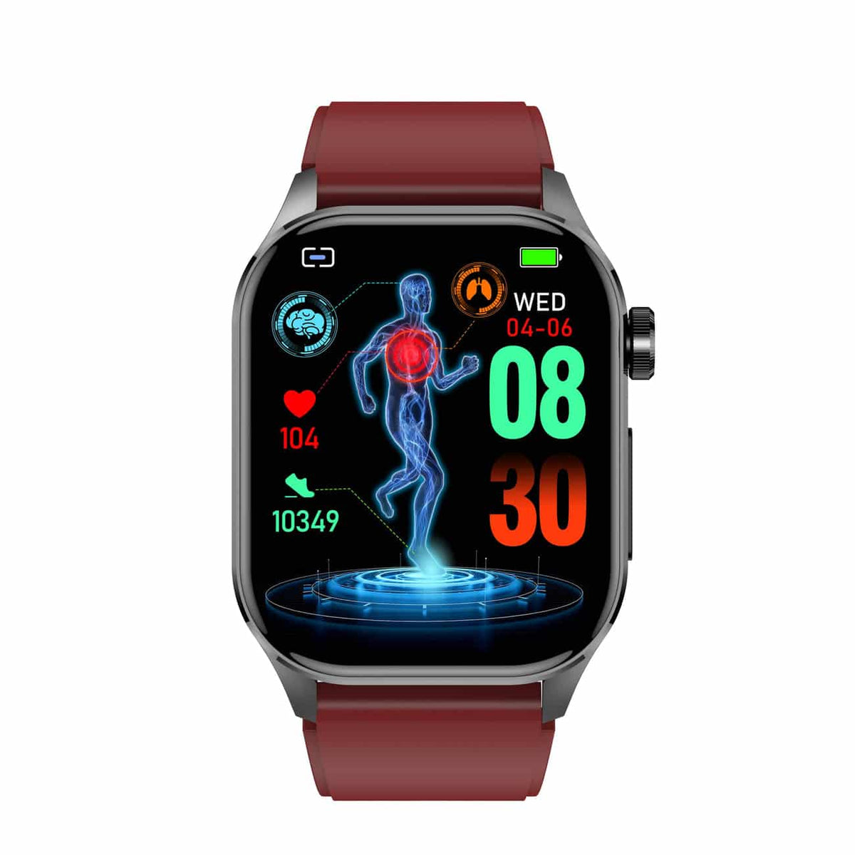 Red fitness smartwatch touchscreen showing body heatmap and step count