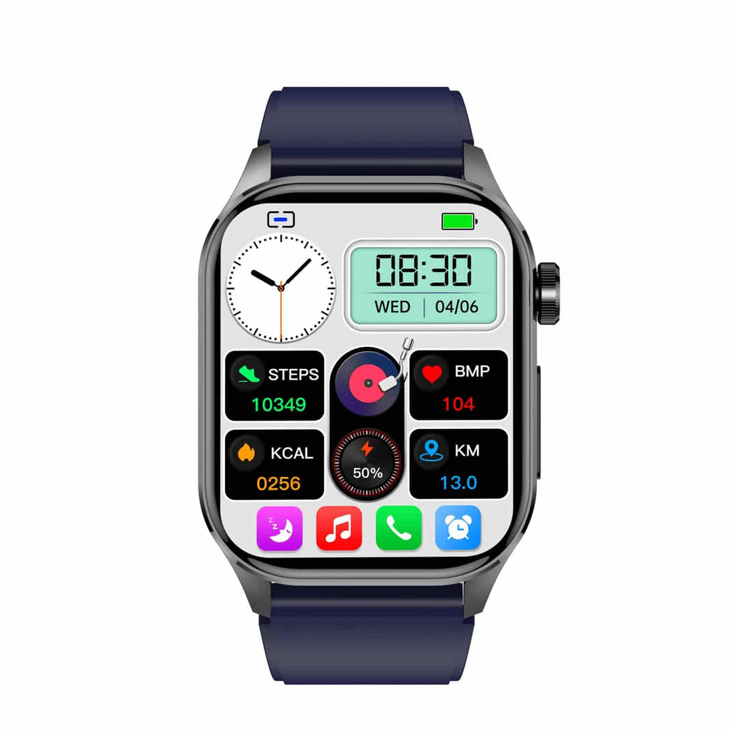 Blue smartwatch with rectangular touchscreen displaying steps, BPM, and distance widgets.