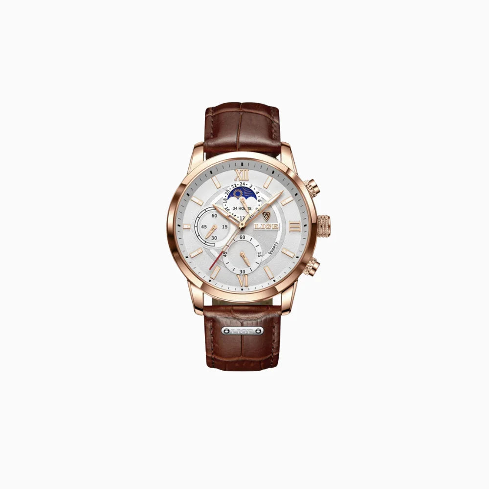 Alvero | Chronograph Watch for Men - Sun Moon Dial Brown Strap Waterproof Regular Fit-Men's Watches-Brown / White-Camoufit