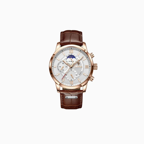 Alvero | Chronograph Watch for Men - Sun Moon Dial Brown Strap Waterproof Regular Fit-Men's Watches-Brown / White-Camoufit