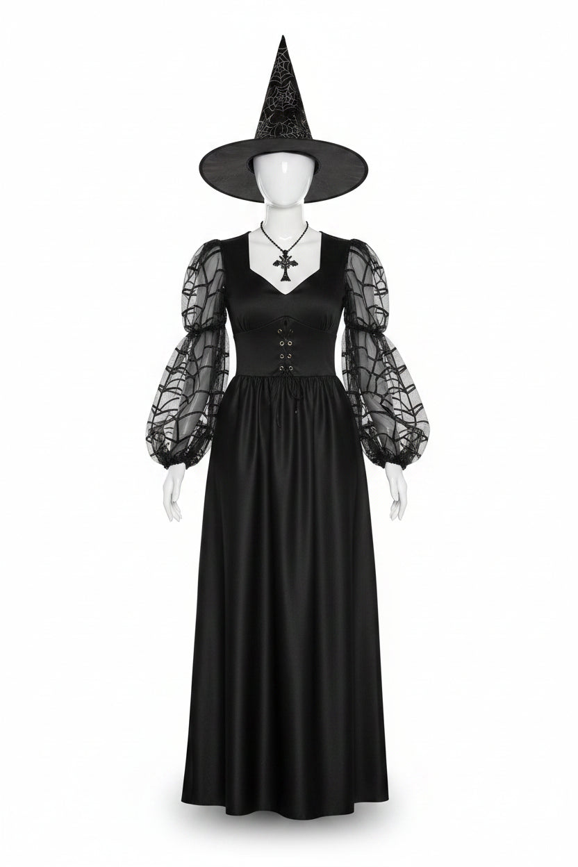 Women's Black Spiderweb Sleeve Witch Dress and Hat Halloween Costume