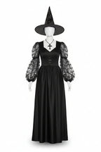 Women's Black Spiderweb Sleeve Witch Dress and Hat Halloween Costume