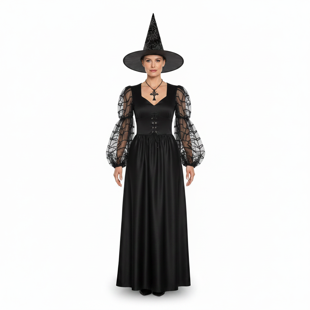 Women's Black Spiderweb Sleeve Witch Dress and Hat Halloween Costume