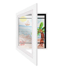Kids magnetic art display frame, white frame with beach artwork visible