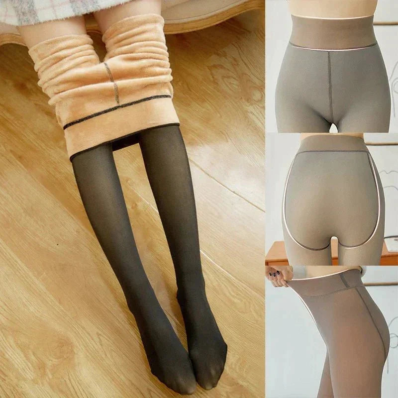 Women’s gray thermal tights set, high-rise waistband, front and back view