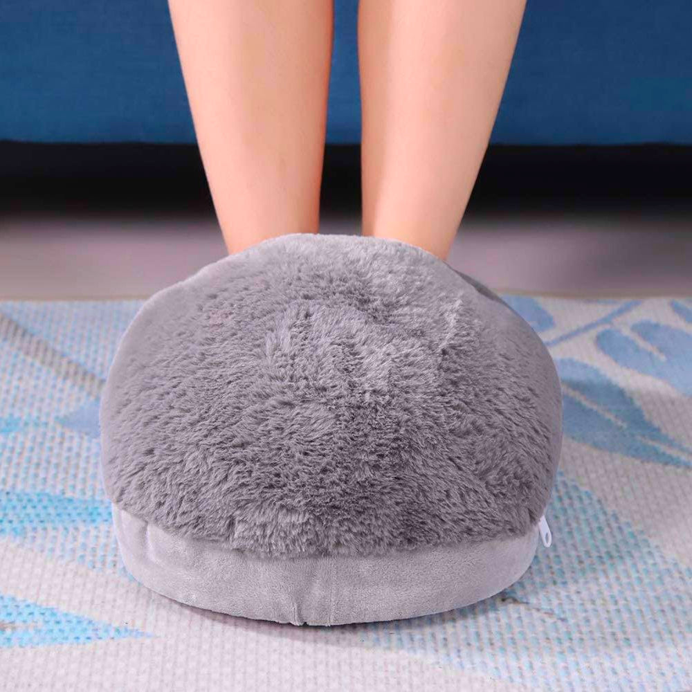 XL electric heated foot warmer, grey plush oval on a light floor mat