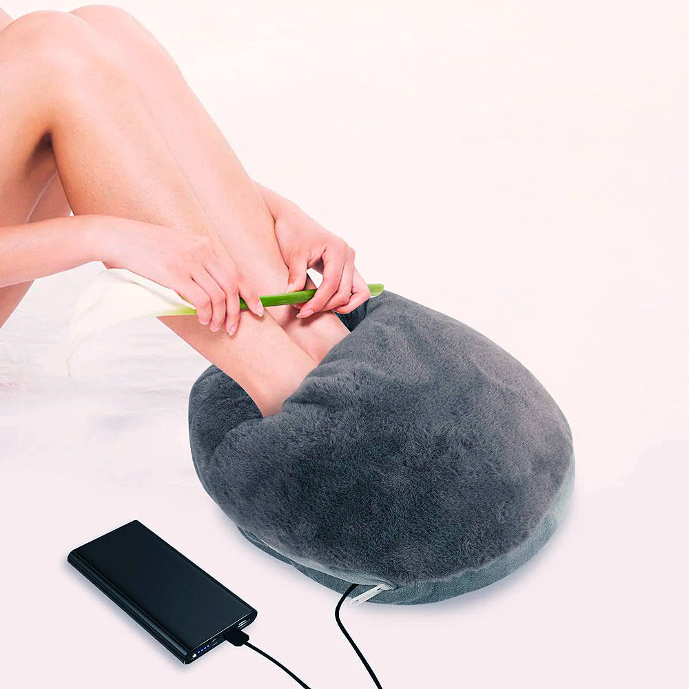 XL electric heated foot warmer with grey plush cover and attached power cable